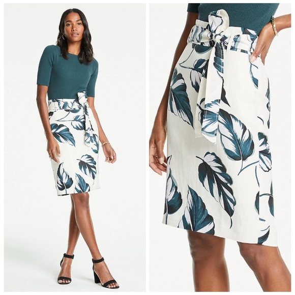 Ann Taylor Ivory Teal Leaves Linen Blend Tie Waist Pencil Skirt Size 8 Petite - Picture 13 of 15